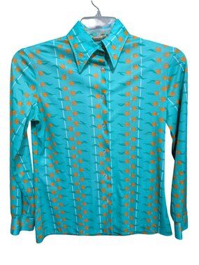VTG Sears Turquoise & Orange Tulip Print Button-Up Blouse Size S/M Polyester